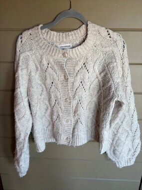 Cream Women's Cable Knit Button Front Cardigan with Openwork Detail, Size M